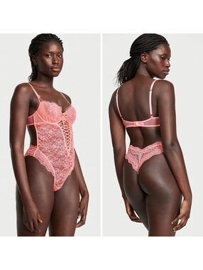 Victoria's Secret WICKED Coral Lace Up Unlined Underwire Lace Bodysuit Teddy L